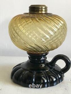 Victorian Antique EAPG Sheldon Swirl Amber Font Oil Footed Finger Hand Lamp