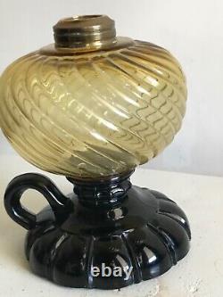 Victorian Antique EAPG Sheldon Swirl Amber Font Oil Footed Finger Hand Lamp