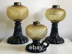 Victorian Antique EAPG Sheldon Swirl Amber Font Oil Footed Finger Hand Lamp