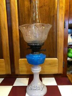 Victorian, Antique English Glass Blue and White double wick Oil Lamp