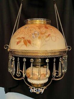 Victorian Antique Hanging Oil Parlor Library Lamp with Floral Glass