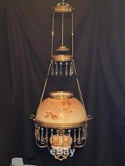 Victorian Antique Hanging Oil Parlor Library Lamp with Floral Glass FREE SHPG