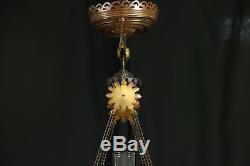 Victorian Antique Hanging Oil or Kerosene Lamp, Hand Painted Rose Glass Shade