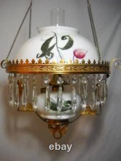 Victorian Antique Ornate Hanging Oil Lamp Hand Painted Shade & Font with Prisms