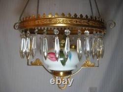Victorian Antique Ornate Hanging Oil Lamp Hand Painted Shade & Font with Prisms