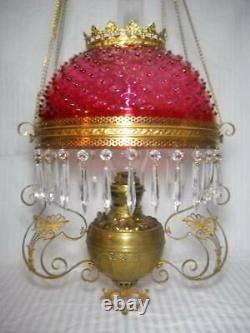 Victorian Antique Ornate Hanging Oil Lamp with Cranberry Hobnail Shade withPrisms