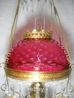 Victorian Antique Ornate Hanging Oil Lamp with Cranberry Hobnail Shade withPrisms