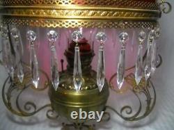 Victorian Antique Ornate Hanging Oil Lamp with Cranberry Hobnail Shade withPrisms