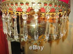 Victorian B&h Bradley Hubbard Brass Hanging Oil Lamp Cranberry Glass Shade