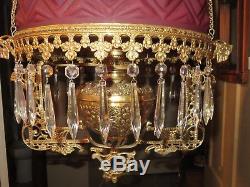 Victorian B&h Bradley Hubbard Brass Hanging Oil Lamp Cranberry Glass Shade
