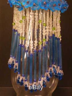 Victorian Beaded Czech Glass Hanging Flower Fringe Bulb Oil Lamp Fixture Shade