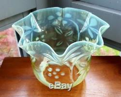 Victorian Blue Green Opalescent Vaseline Powell Glass Oil Lamp Flora Tulip Shade