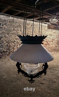 Victorian Bradley & Hubbard Cast Iron Pull Down Hanging Oil Lamp Milk Glass
