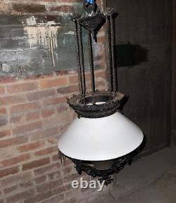 Victorian Bradley & Hubbard Cast Iron Pull Down Hanging Oil Lamp Milk Glass