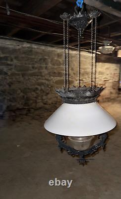 Victorian Bradley & Hubbard Cast Iron Pull Down Hanging Oil Lamp Milk Glass