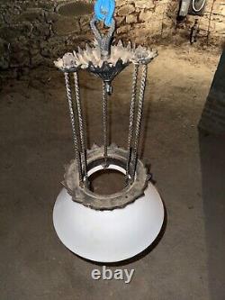 Victorian Bradley & Hubbard Cast Iron Pull Down Hanging Oil Lamp Milk Glass
