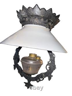 Victorian Bradley & Hubbard Cast Iron Pull Down Hanging Oil Lamp Milk Glass