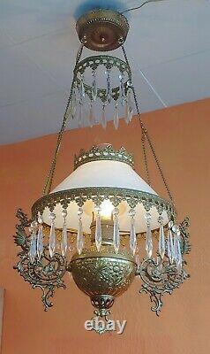 Victorian Bradley & Hubbard Hanging converted Oil Parlor Library Lamp Leprchaun