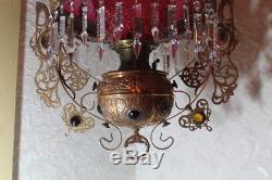 Victorian Bradley Hubbard Jeweled Raspberry Hanging Library Kerosene Oil Lamp