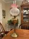 Victorian Brass Converted tall Oil Lamp withFrosted Etched Cranberry Ruffled Globe