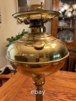 Victorian Brass Converted tall Oil Lamp withFrosted Etched Cranberry Ruffled Globe