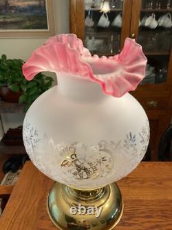 Victorian Brass Converted tall Oil Lamp withFrosted Etched Cranberry Ruffled Globe