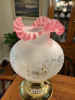 Victorian Brass Converted tall Oil Lamp withFrosted Etched Cranberry Ruffled Globe