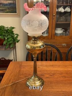 Victorian Brass Converted tall Oil Lamp withFrosted Etched Cranberry Ruffled Globe