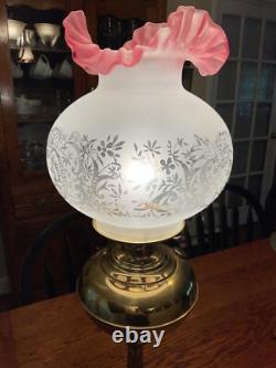 Victorian Brass Converted tall Oil Lamp withFrosted Etched Cranberry Ruffled Globe
