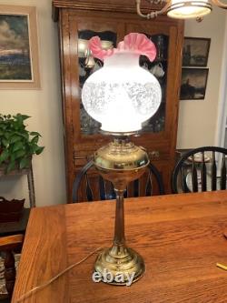 Victorian Brass Converted tall Oil Lamp withFrosted Etched Cranberry Ruffled Globe
