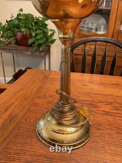 Victorian Brass Converted tall Oil Lamp withFrosted Etched Cranberry Ruffled Globe