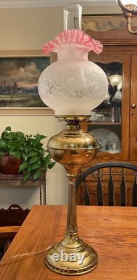 Victorian Brass Converted tall Oil Lamp withFrosted Etched Cranberry Ruffled Globe