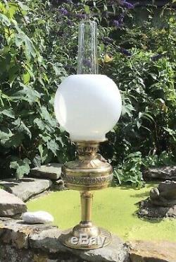 Victorian Brass Duplex Oil Lamp Milk Glass Shade British Made Embossed