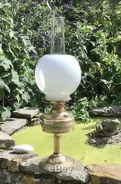 Victorian Brass Duplex Oil Lamp Milk Glass Shade British Made Embossed