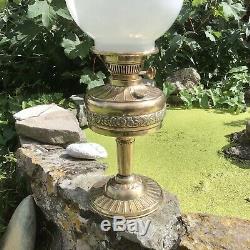 Victorian Brass Duplex Oil Lamp Milk Glass Shade British Made Embossed