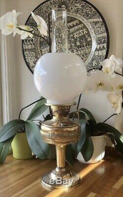 Victorian Brass Duplex Oil Lamp Milk Glass Shade British Made Embossed