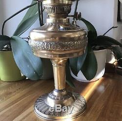Victorian Brass Duplex Oil Lamp Milk Glass Shade British Made Embossed