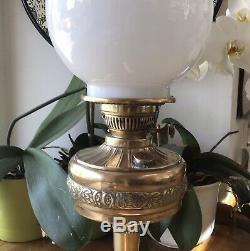 Victorian Brass Duplex Oil Lamp Milk Glass Shade British Made Embossed