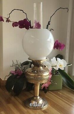 Victorian Brass Duplex Oil Lamp Milk Glass Shade British Made Embossed