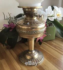 Victorian Brass Duplex Oil Lamp Milk Glass Shade British Made Embossed