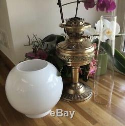 Victorian Brass Duplex Oil Lamp Milk Glass Shade British Made Embossed