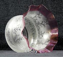 Victorian Clear Etched Cranberry Threaded Ruffled Kerosene Oil Lamp Shade Globe