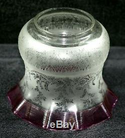 Victorian Clear Etched Cranberry Threaded Ruffled Kerosene Oil Lamp Shade Globe