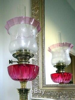 Victorian Clear Etched Cranberry Threaded Ruffled Kerosene Oil Lamp Shade Globe
