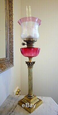 Victorian Clear Etched Cranberry Threaded Ruffled Kerosene Oil Lamp Shade Globe