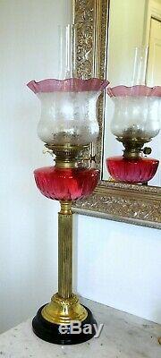 Victorian Clear Etched Cranberry Threaded Ruffled Kerosene Oil Lamp Shade Globe