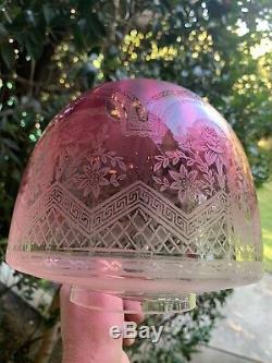 Victorian Cranberry Acid Etched Glass Beehive Oil Lamp Shade