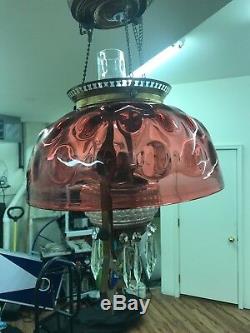 Victorian Cranberry Coin Dot Brass Jeweled Hanging Lamp Kerosene Oil Parlor