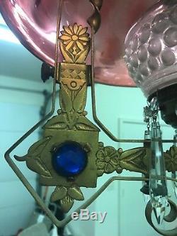 Victorian Cranberry Coin Dot Brass Jeweled Hanging Lamp Kerosene Oil Parlor