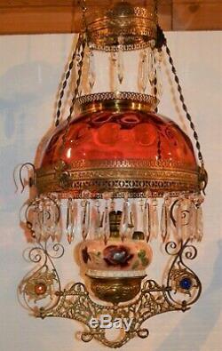 Victorian Cranberry Red Jeweled Pull Down Oil Lamp withCrystals Painted Font 1880s